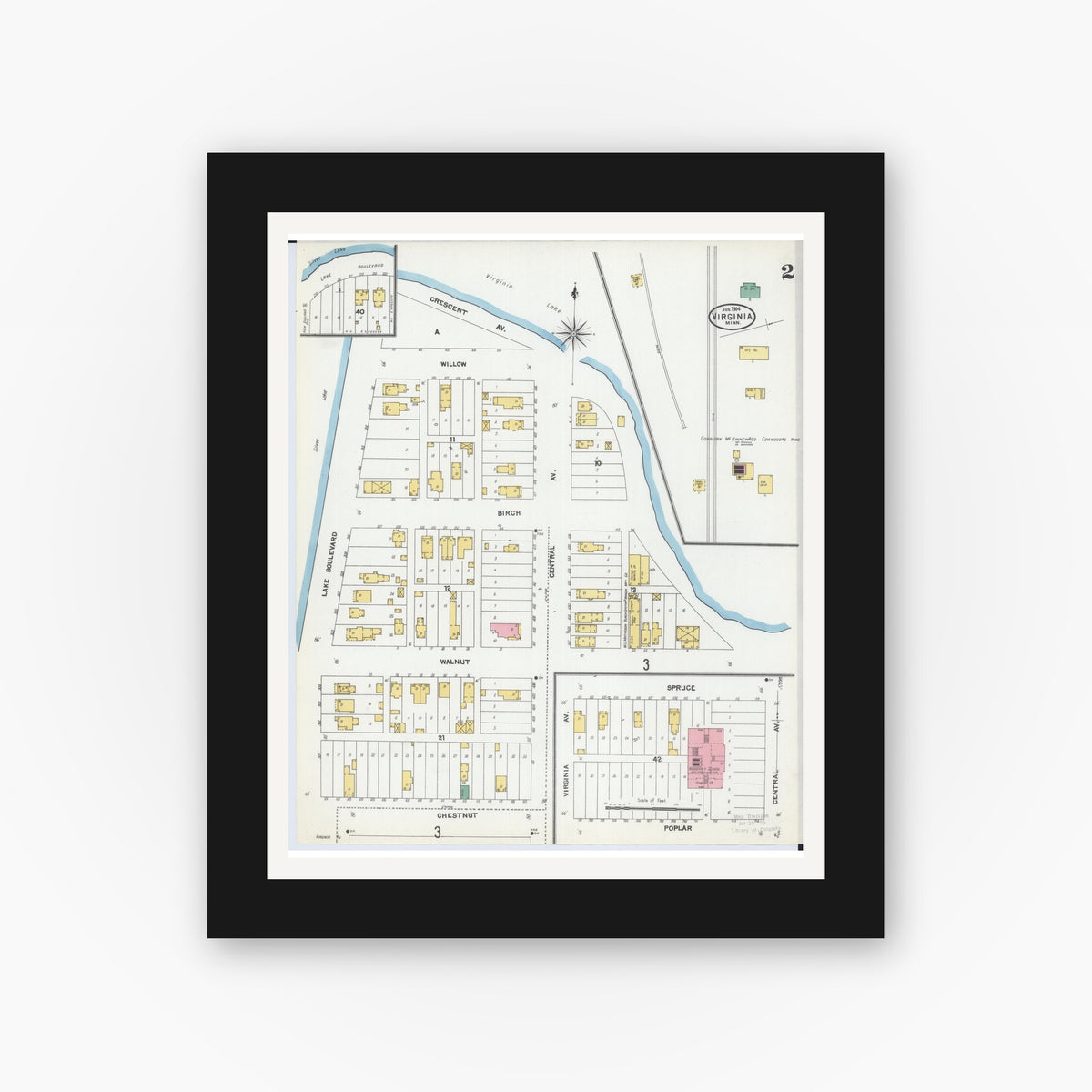Old map wall art mockup — black gallery frame with white mat — Sanborn Fire Insurance Map from Virginia, Saint Louis County, Minnesota (1904), Sheet #0002