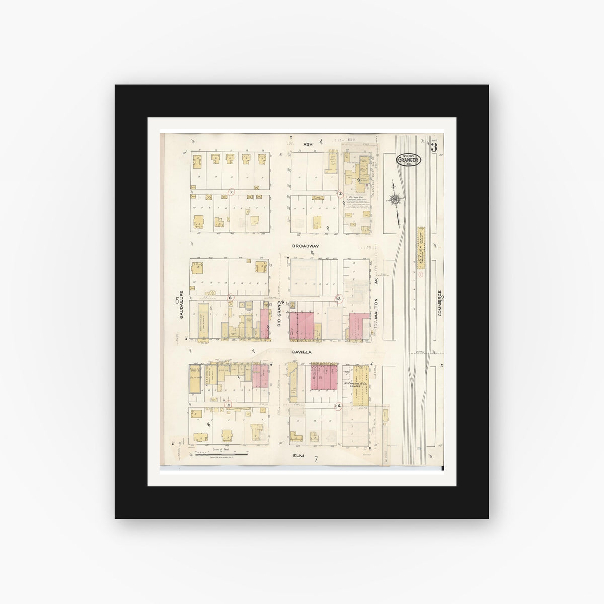 Old map wall art mockup — black gallery frame with white mat — Sanborn Fire Insurance Map from Granger, Williamson County, Texas (1940), Sheet #0003