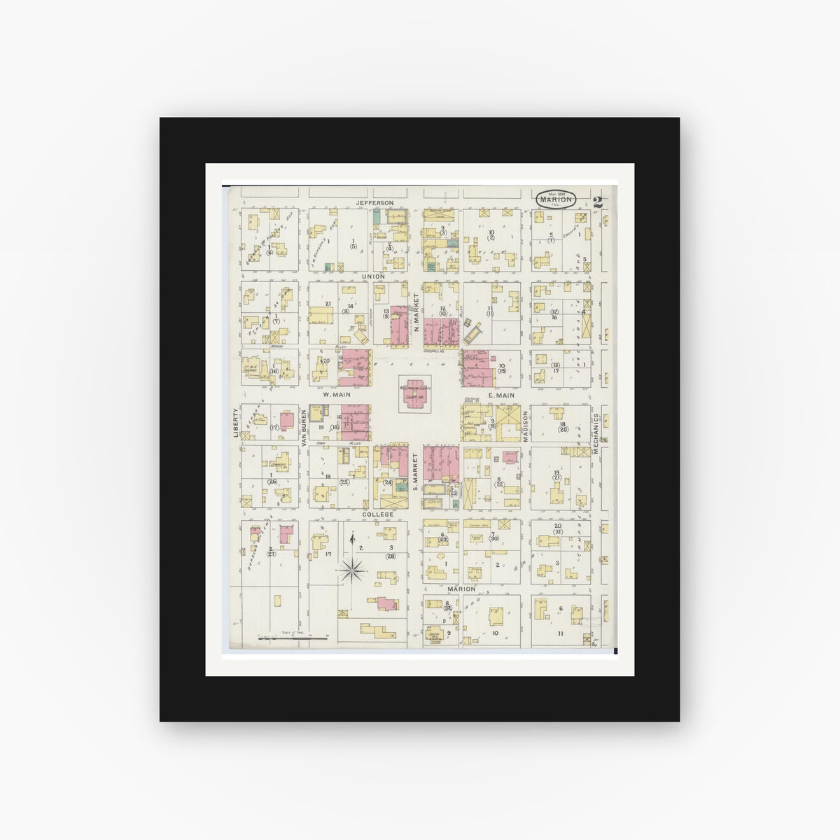 Old map wall art mockup — black gallery frame with white mat — Sanborn Fire Insurance Map from Marion, Williamson County, Illinois (1894), Sheet #0002