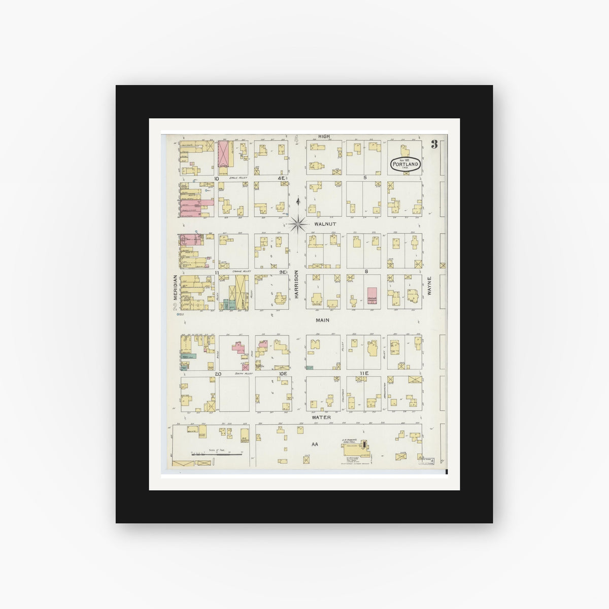 Old map wall art mockup — black gallery frame with white mat — Sanborn Fire Insurance Map from Portland, Jay County, Indiana (1892), Sheet #0003
