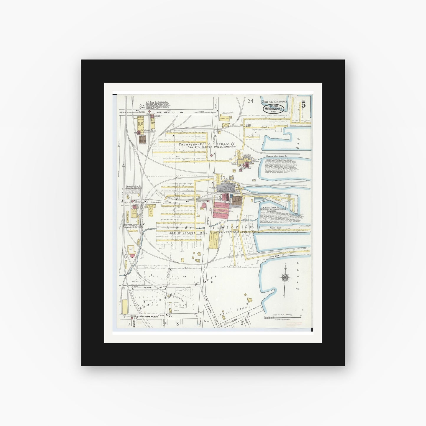 Old map wall art mockup — black gallery frame with white mat — Sanborn Fire Insurance Map from Menominee, Menominee County, Michigan (1921), Sheet #0005