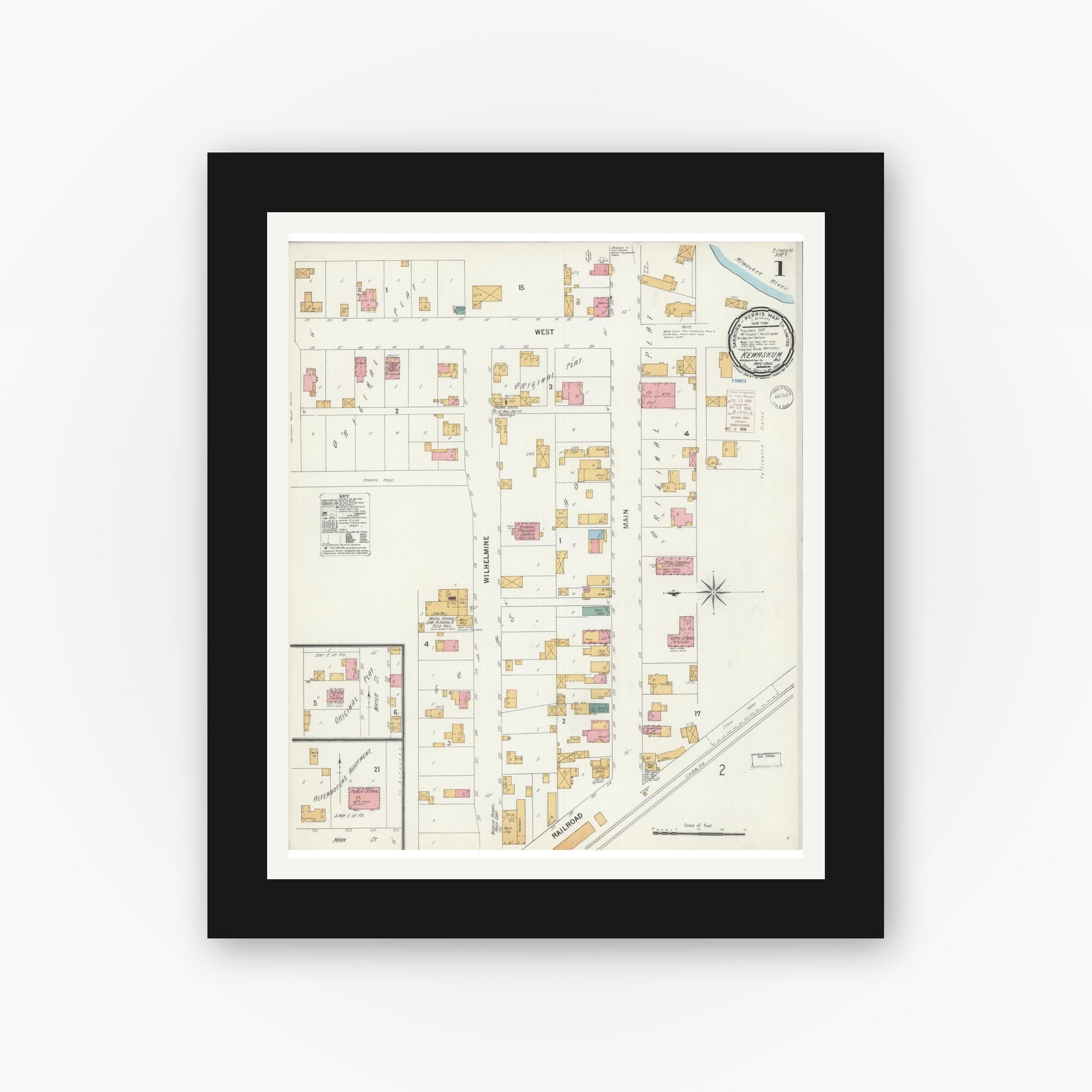 Old map wall art mockup — black gallery frame with white mat — Sanborn Fire Insurance Map from Kewaskum, Washington County, Wisconsin (1900) - Complete Map Set
