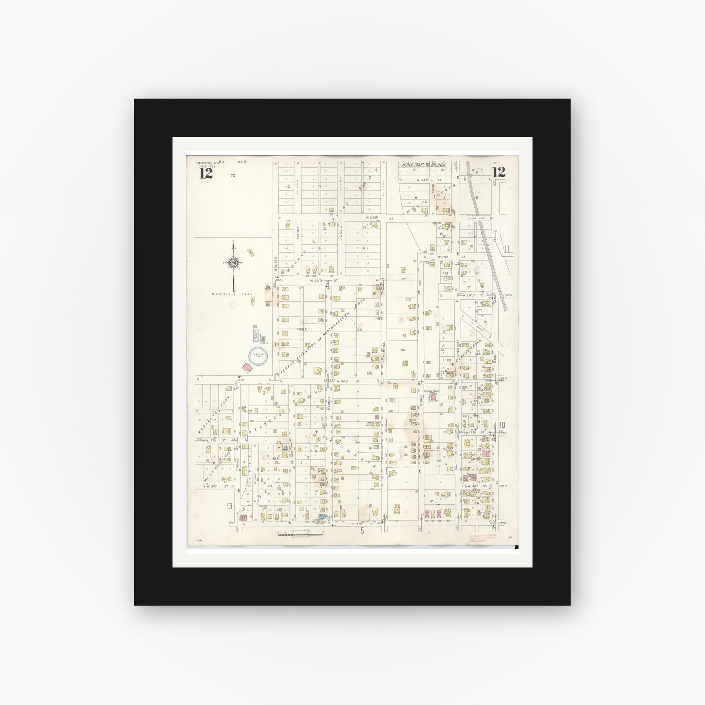 Old map wall art mockup — black gallery frame with white mat — Sanborn Fire Insurance Map from Trenton, Grundy County, Missouri (1948), Sheet #0012