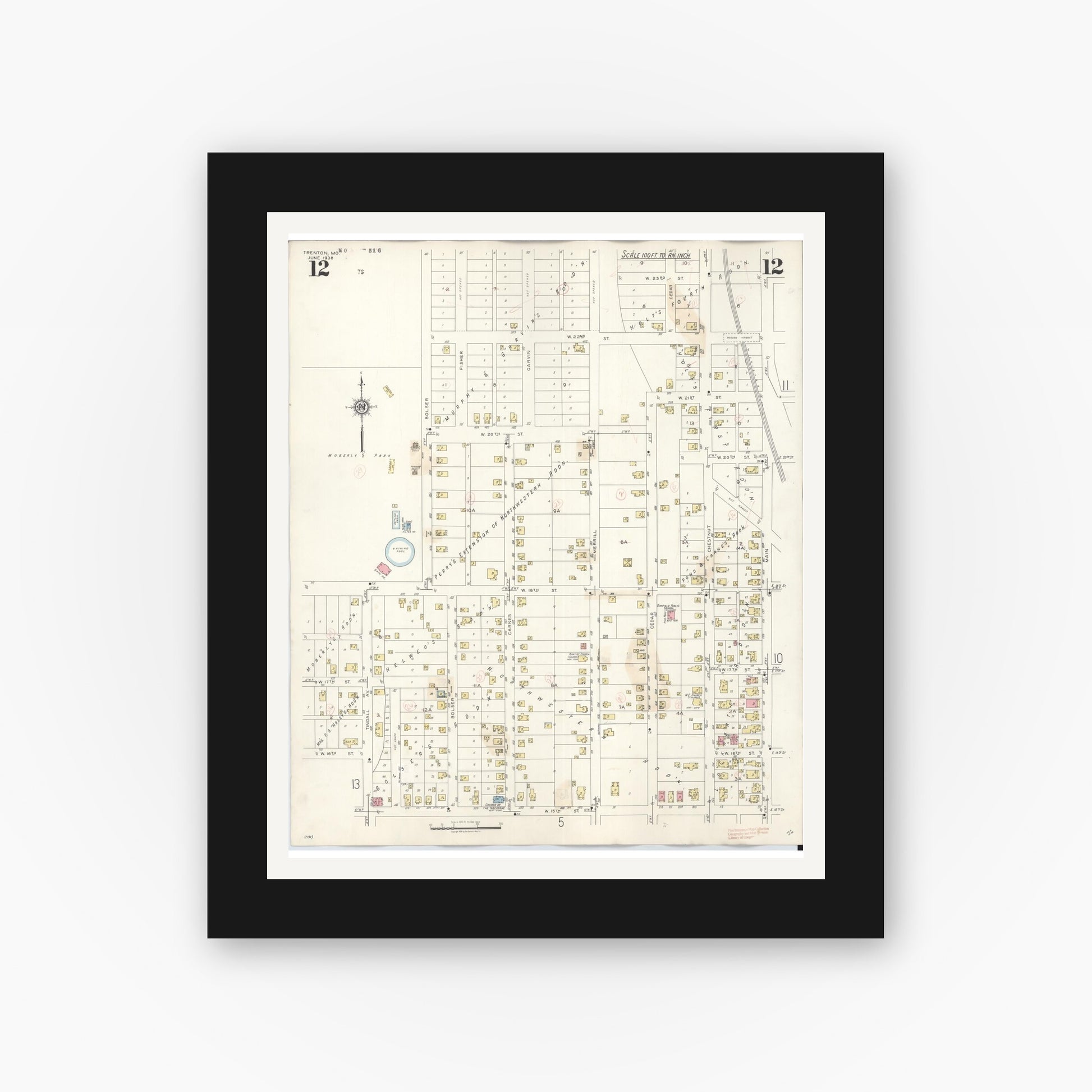 Old map wall art mockup — black gallery frame with white mat — Sanborn Fire Insurance Map from Trenton, Grundy County, Missouri (1948), Sheet #0012