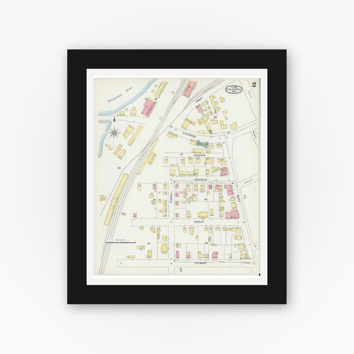 Old map wall art mockup — black gallery frame with white mat — Sanborn Fire Insurance Map from Chicopee, Hampden County, Massachusetts (1896) - Complete Map Set