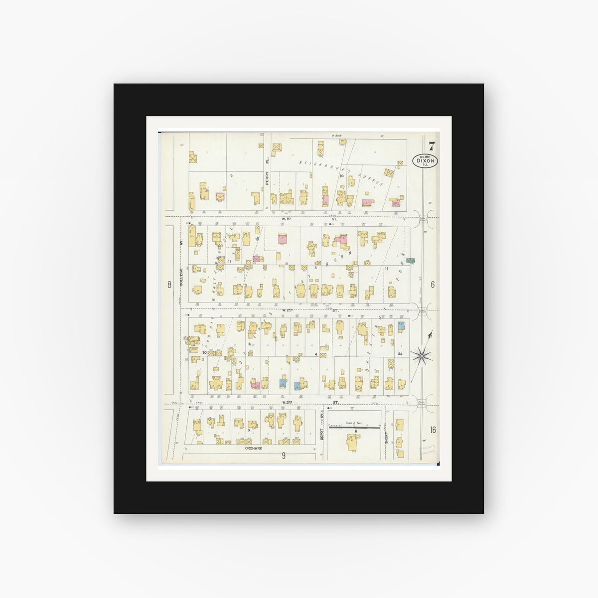 Old map wall art mockup — black gallery frame with white mat — Sanborn Fire Insurance Map from Dixon, Lee County, Illinois (1902), Sheet #0007