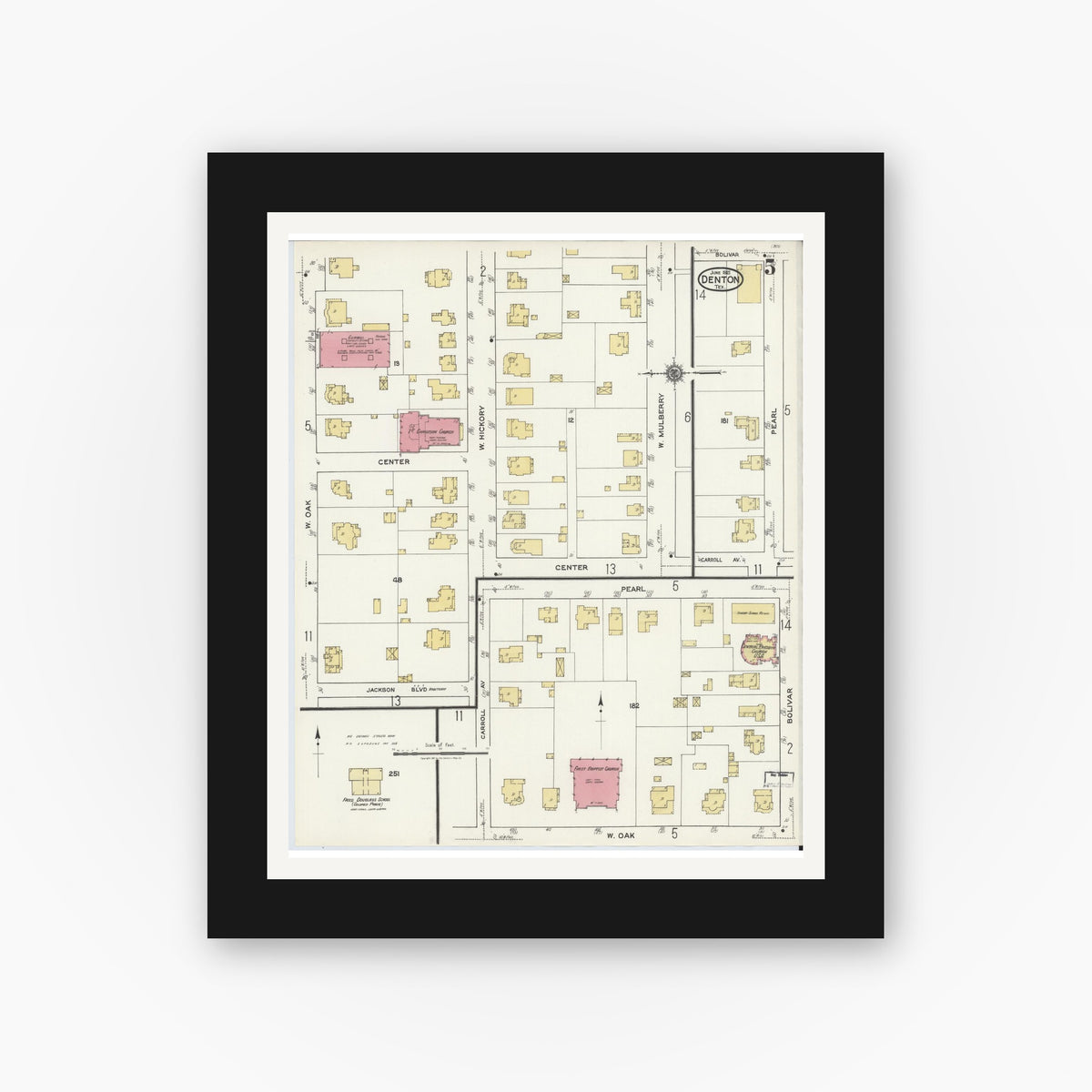 Old map wall art mockup — black gallery frame with white mat — Sanborn Fire Insurance Map from Denton, Denton County, Texas (1921), Sheet #0005