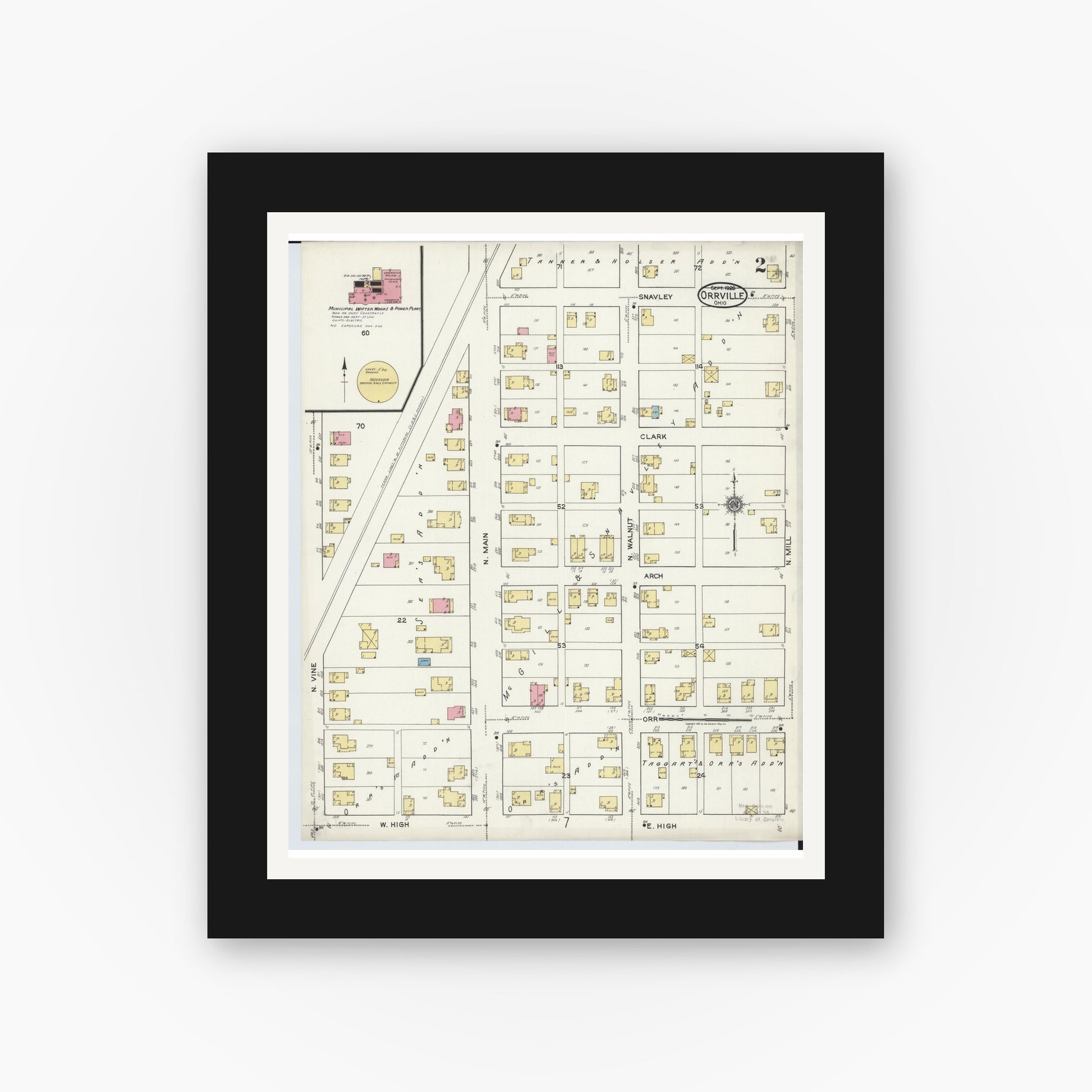 Old map wall art mockup — black gallery frame with white mat — Sanborn Fire Insurance Map from Orrville, Wayne County, Ohio (1920), Sheet #0002