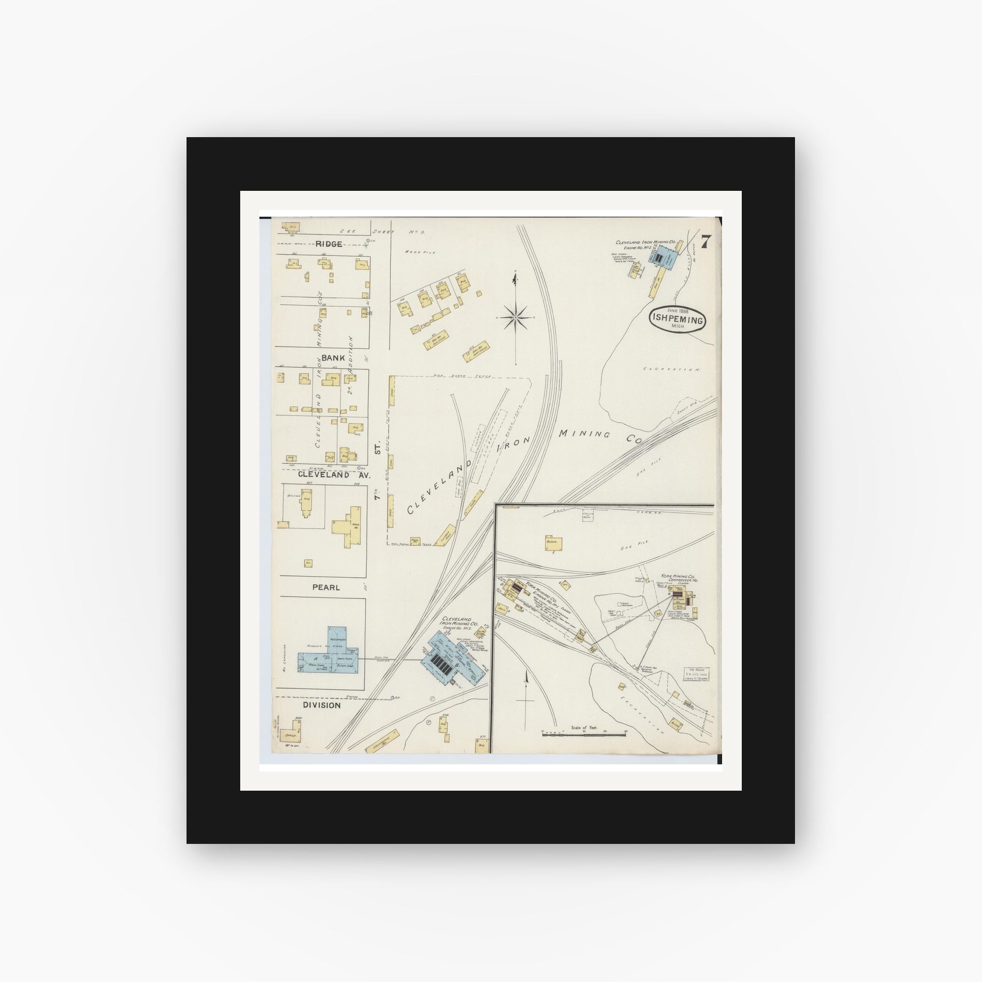Old map wall art mockup — black gallery frame with white mat — Sanborn Fire Insurance Map from Ishpeming, Marquette County, Michigan (1888), Sheet #0007