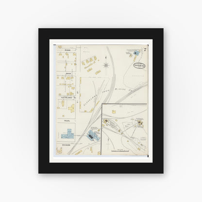 Old map wall art mockup — black gallery frame with white mat — Sanborn Fire Insurance Map from Ishpeming, Marquette County, Michigan (1888), Sheet #0007