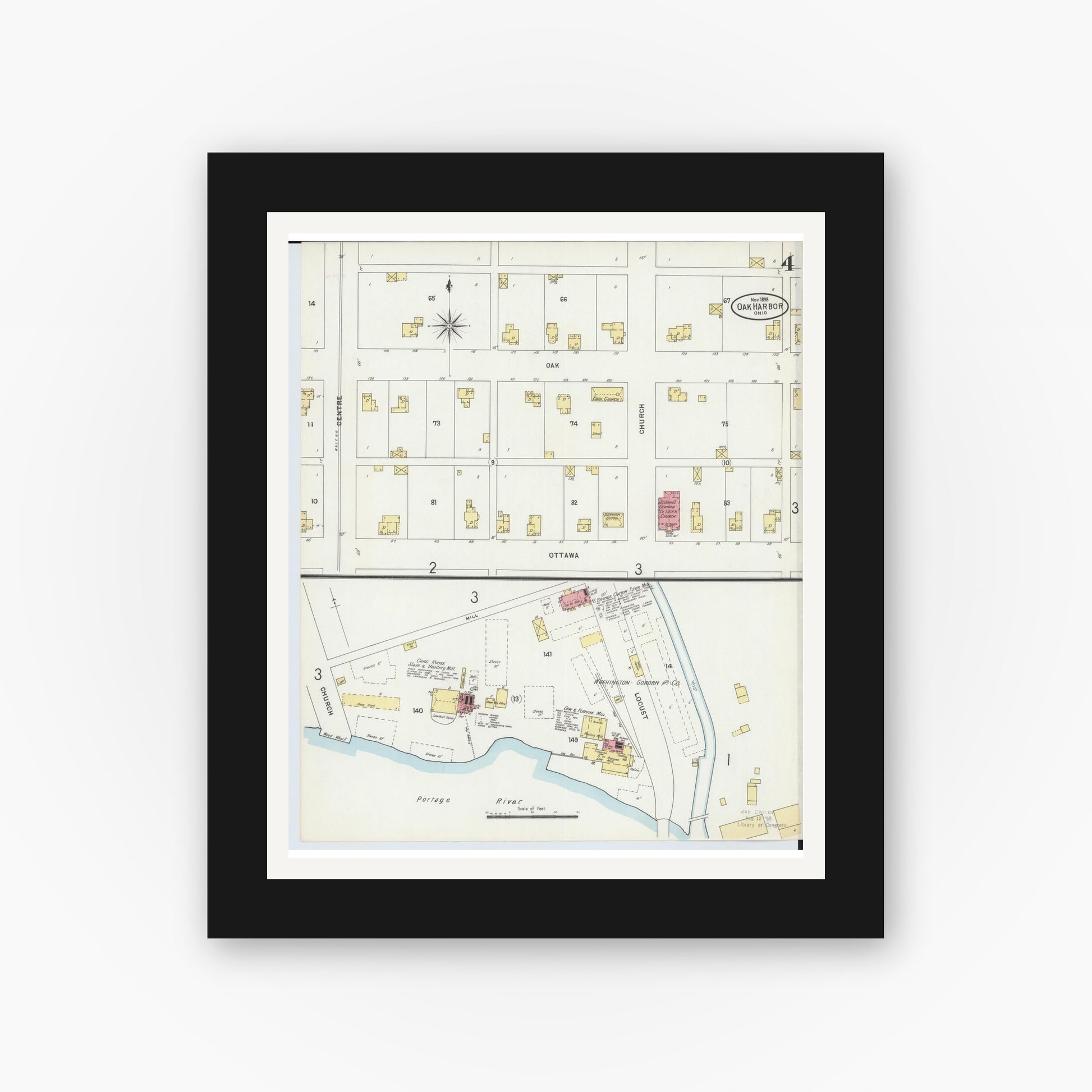 Old map wall art mockup — black gallery frame with white mat — Sanborn Fire Insurance Map from Oak Harbor, Ottawa County, Ohio (1898), Sheet #0004