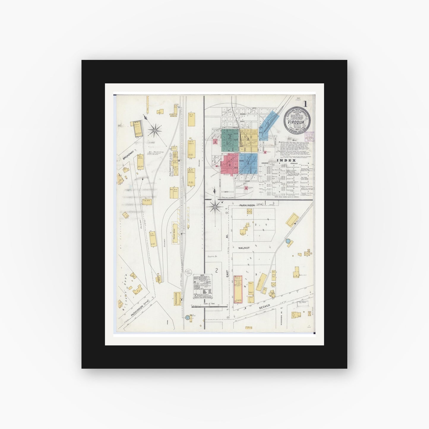 Old map wall art mockup — black gallery frame with white mat — Sanborn Fire Insurance Map from Viroqua, Vernon County, Wisconsin (1905), Sheet #0001