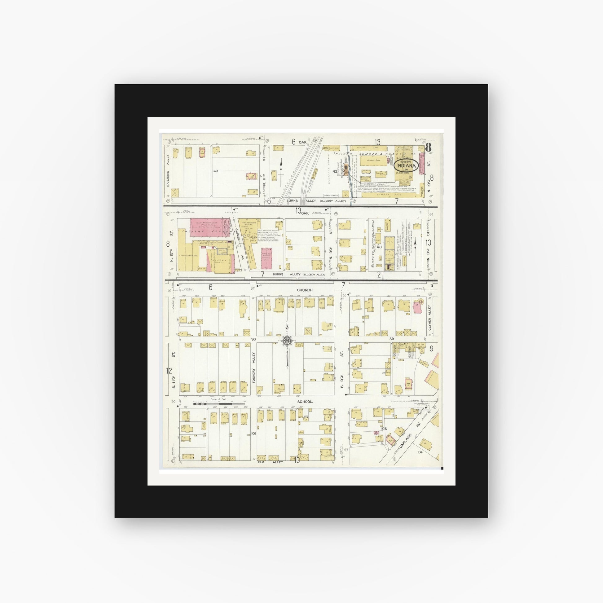 Old map wall art mockup — black gallery frame with white mat — Sanborn Fire Insurance Map from Indiana, Indiana County, Pennsylvania (1916), Sheet #0008