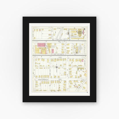 Old map wall art mockup — black gallery frame with white mat — Sanborn Fire Insurance Map from Indiana, Indiana County, Pennsylvania (1916), Sheet #0008