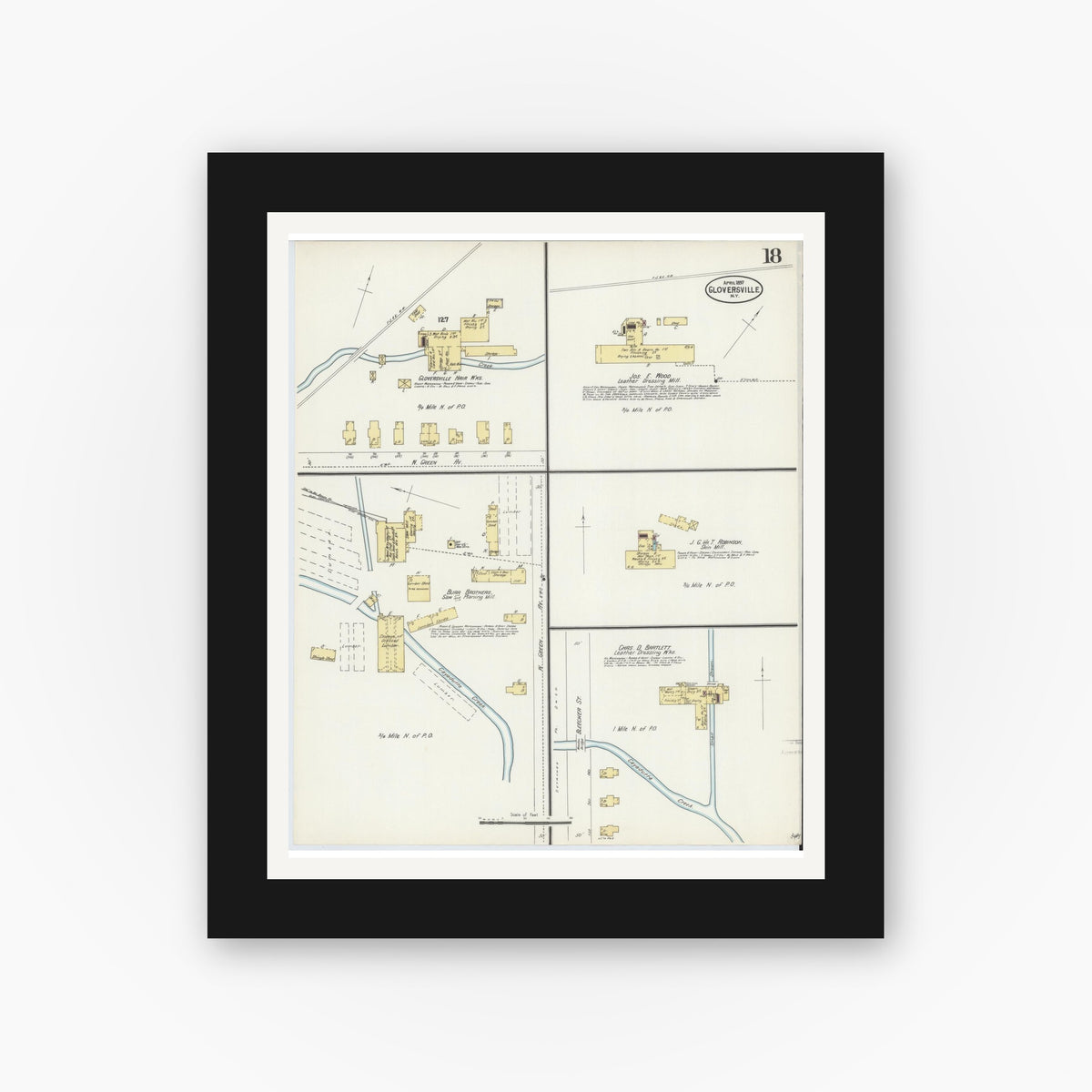 Old map wall art mockup — black gallery frame with white mat — Sanborn Fire Insurance Map from Gloversville, Fulton County, New York (1897), Sheet #0018