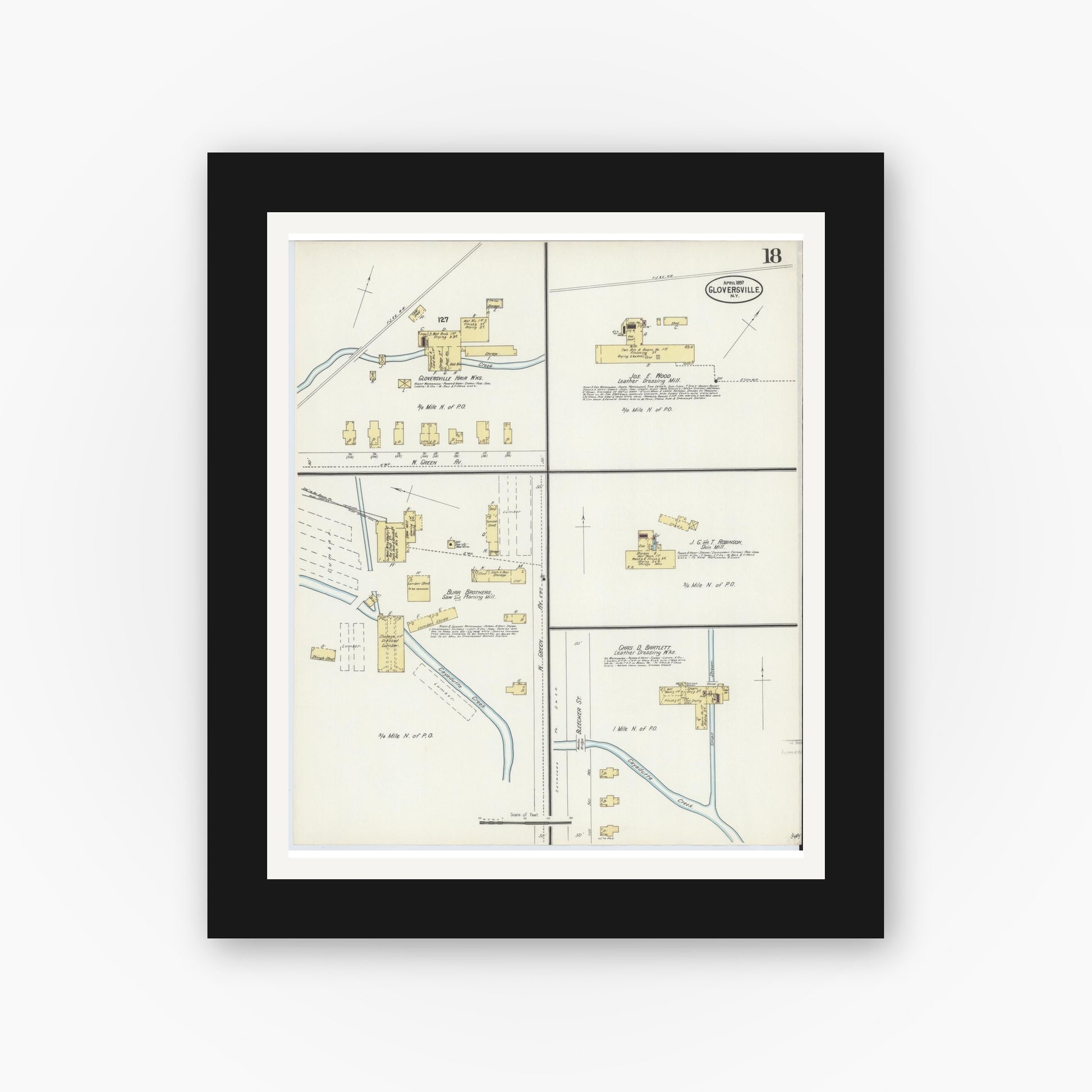 Old map wall art mockup — black gallery frame with white mat — Sanborn Fire Insurance Map from Gloversville, Fulton County, New York (1897), Sheet #0018