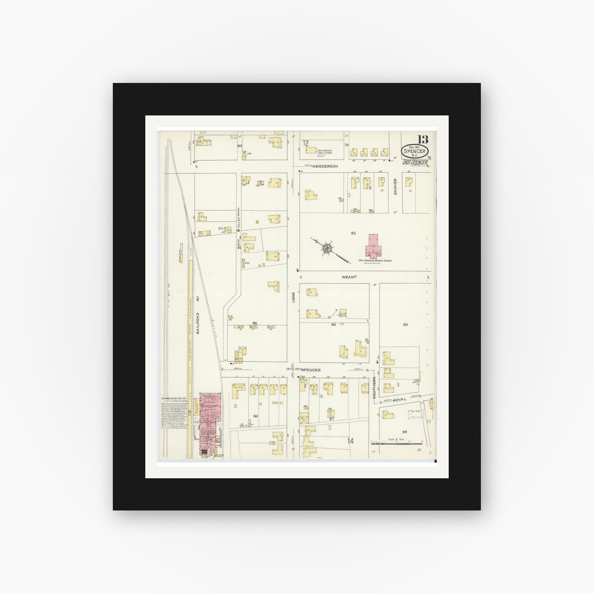 Old map wall art mockup — black gallery frame with white mat — Sanborn Fire Insurance Map from Spencer, Rowan County, North Carolina (1913), Sheet #0013