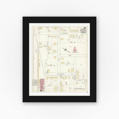 Old map wall art mockup — black gallery frame with white mat — Sanborn Fire Insurance Map from Spencer, Rowan County, North Carolina (1913), Sheet #0013