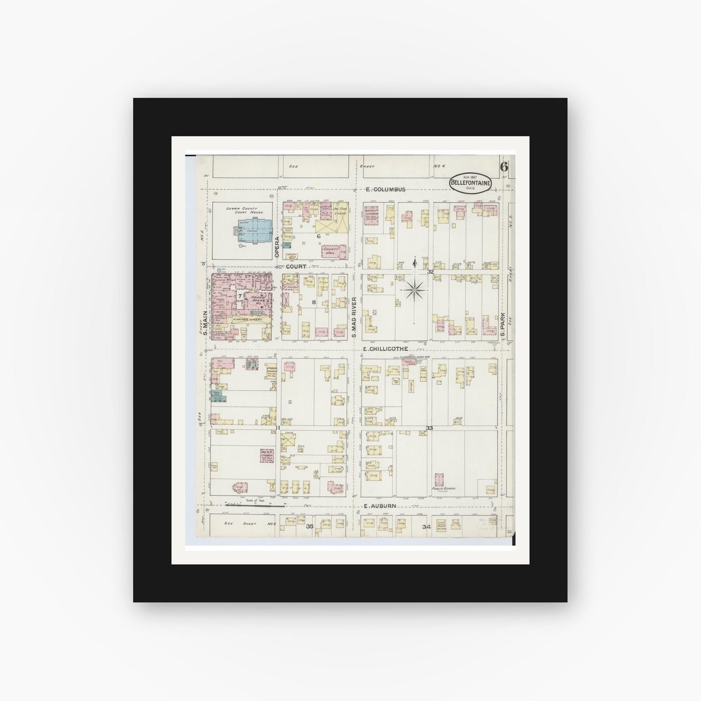 Old map wall art mockup — black gallery frame with white mat — Sanborn Fire Insurance Map from Bellefontaine, Logan County, Ohio (1887), Sheet #0006