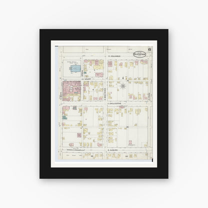 Old map wall art mockup — black gallery frame with white mat — Sanborn Fire Insurance Map from Bellefontaine, Logan County, Ohio (1887), Sheet #0006
