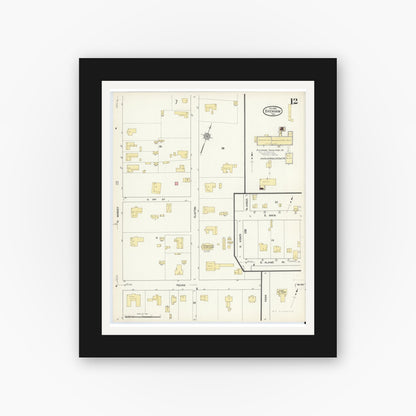 Old map wall art mockup — black gallery frame with white mat — Sanborn Fire Insurance Map from Brenham, Washington County, Texas (1912), Sheet #0012