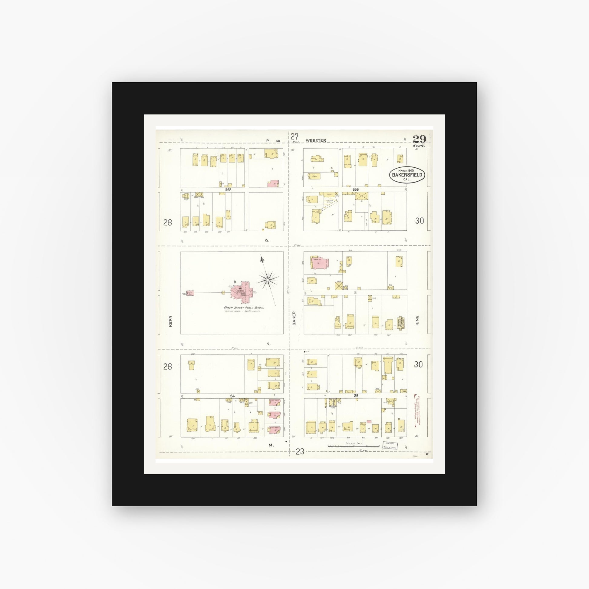 Old map wall art mockup — black gallery frame with white mat — Sanborn Fire Insurance Map from Bakersfield, Kern County, California (1905), Sheet #0029