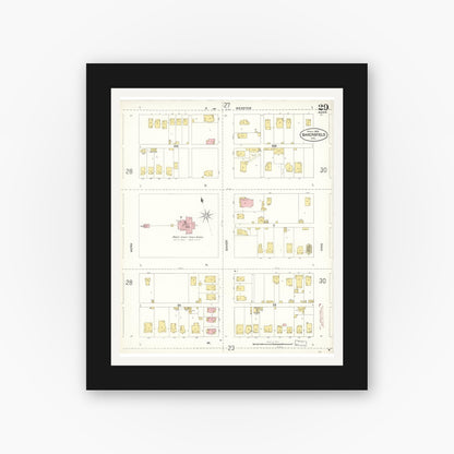 Old map wall art mockup — black gallery frame with white mat — Sanborn Fire Insurance Map from Bakersfield, Kern County, California (1905), Sheet #0029