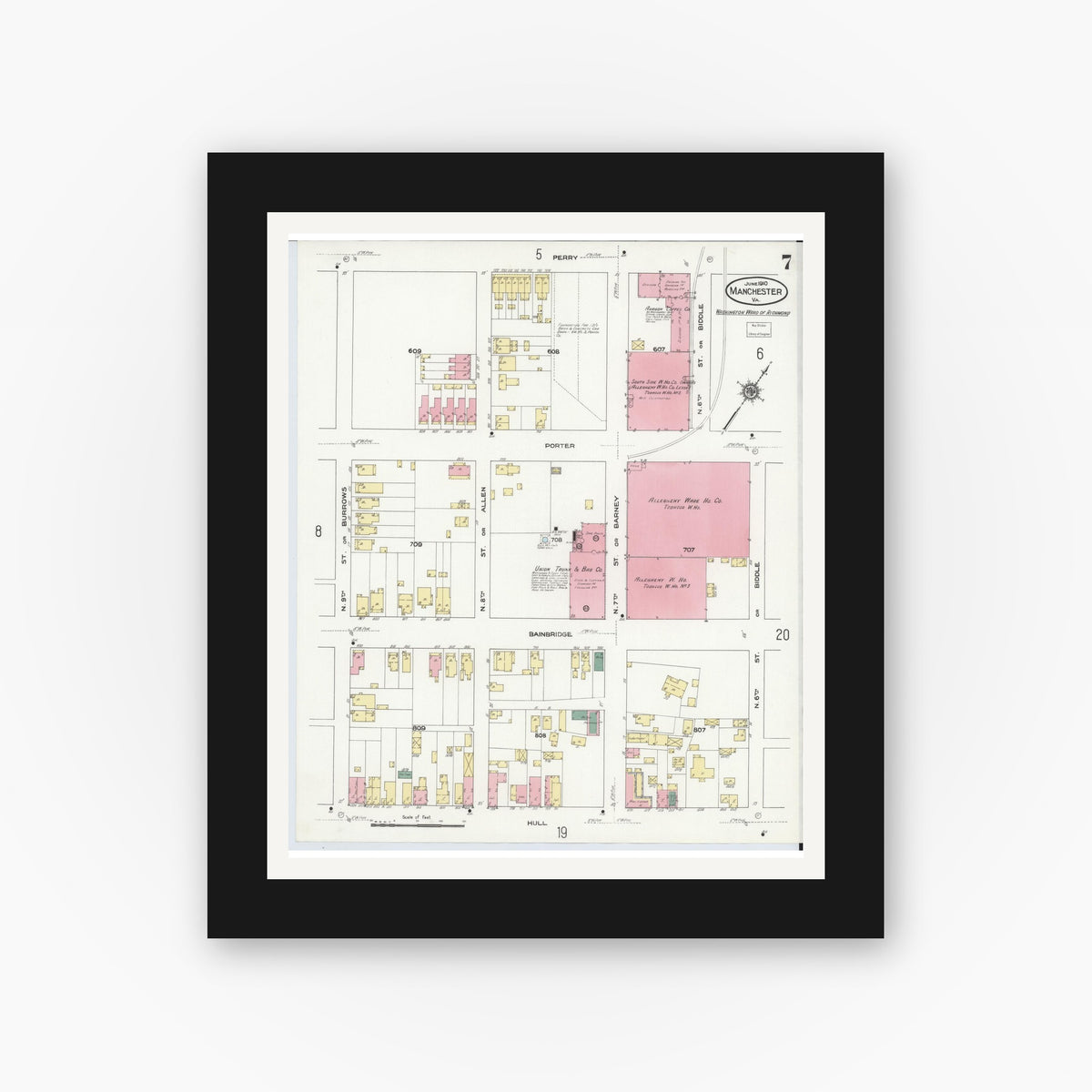 Old map wall art mockup — black gallery frame with white mat — Sanborn Fire Insurance Map from Manchester, Chesterfield County, Virginia (1910), Sheet #0007