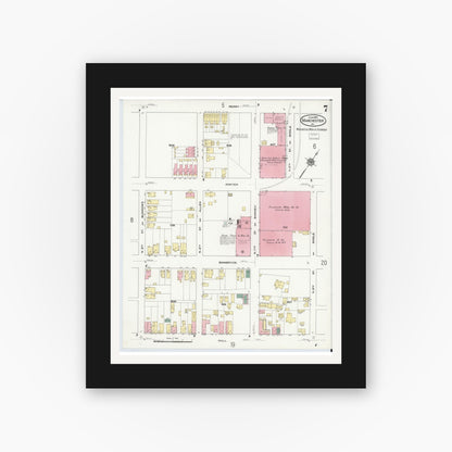 Old map wall art mockup — black gallery frame with white mat — Sanborn Fire Insurance Map from Manchester, Chesterfield County, Virginia (1910), Sheet #0007