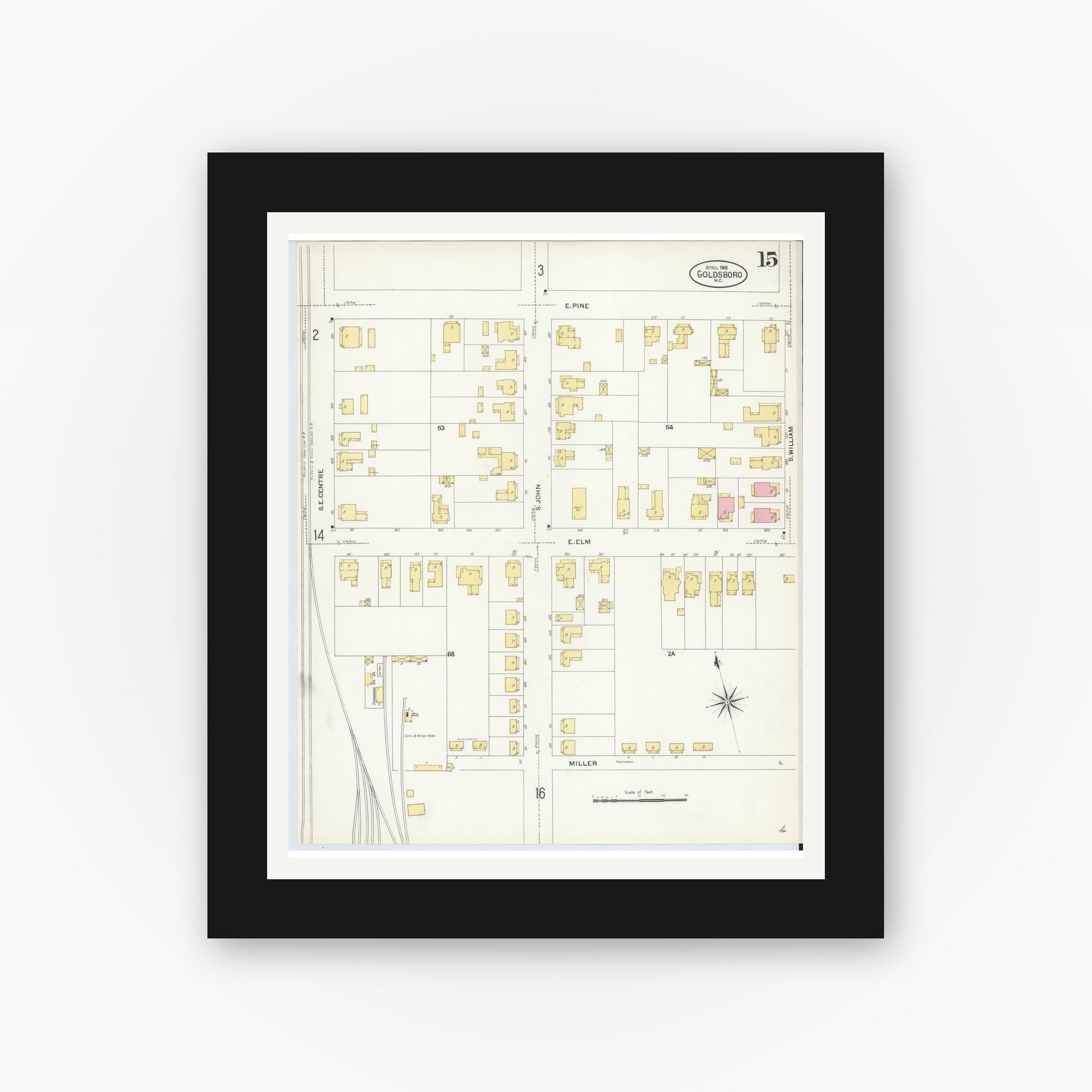 Old map wall art mockup — black gallery frame with white mat — Sanborn Fire Insurance Map from Goldsboro, Wayne County, North Carolina (1908), Sheet #0015