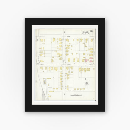 Old map wall art mockup — black gallery frame with white mat — Sanborn Fire Insurance Map from Goldsboro, Wayne County, North Carolina (1908), Sheet #0015