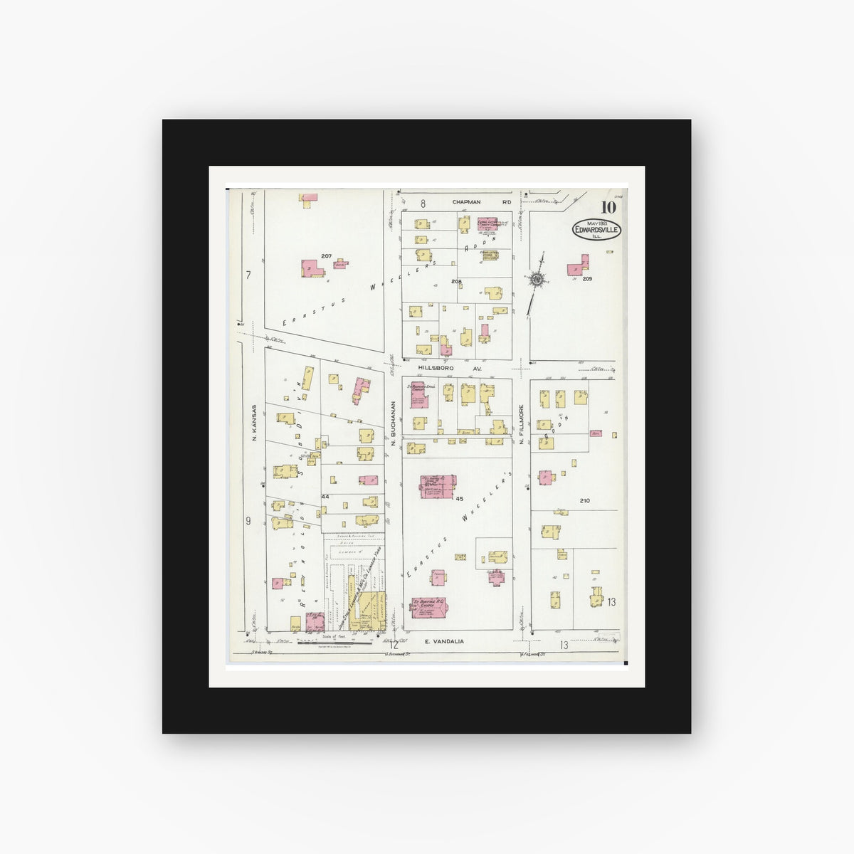 Old map wall art mockup — black gallery frame with white mat — Sanborn Fire Insurance Map from Edwardsville, Madison County, Illinois (1921), Sheet #0010