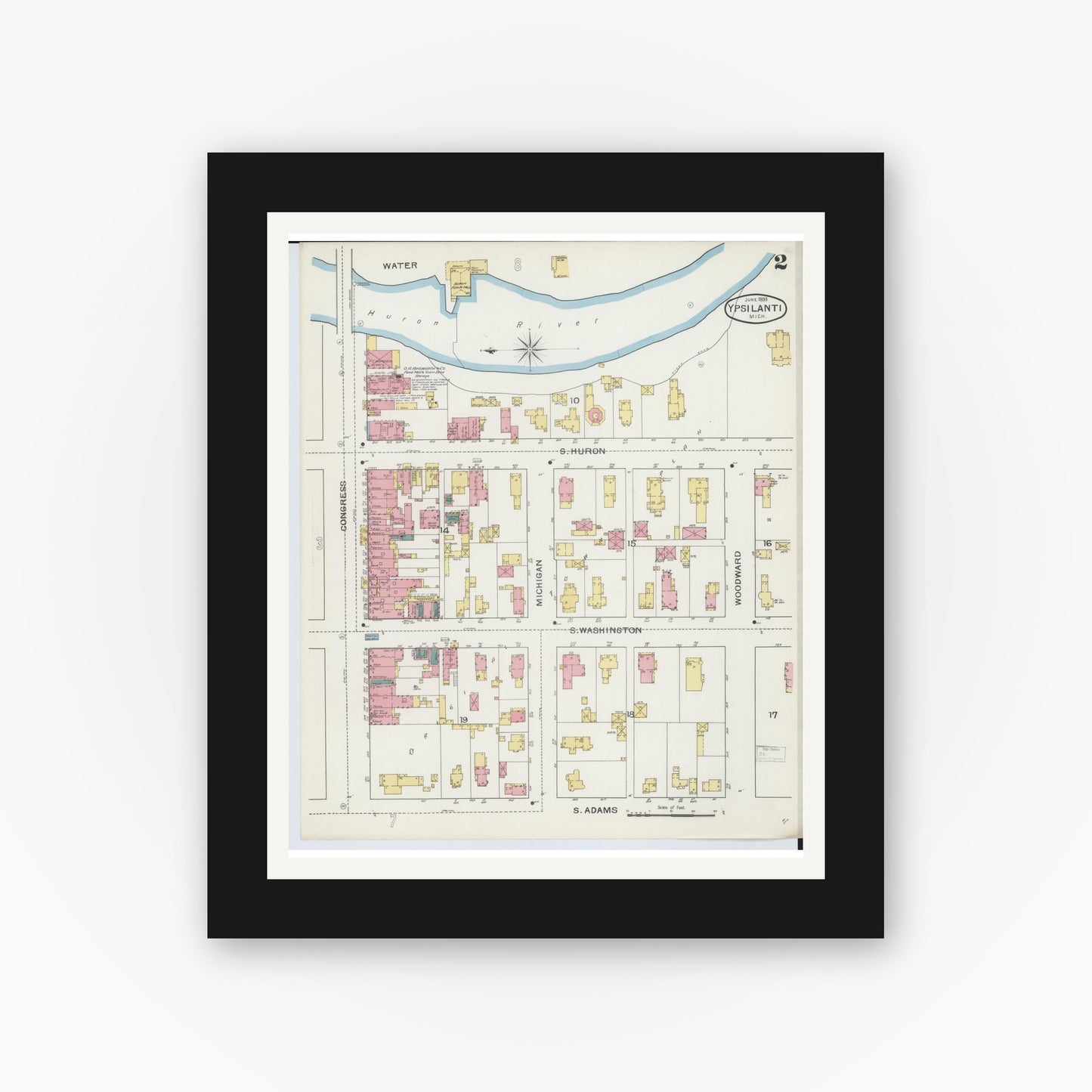 Old map wall art mockup — black gallery frame with white mat — Sanborn Fire Insurance Map from Ypsilanti, Washtenaw County, Michigan (1893), Sheet #0002