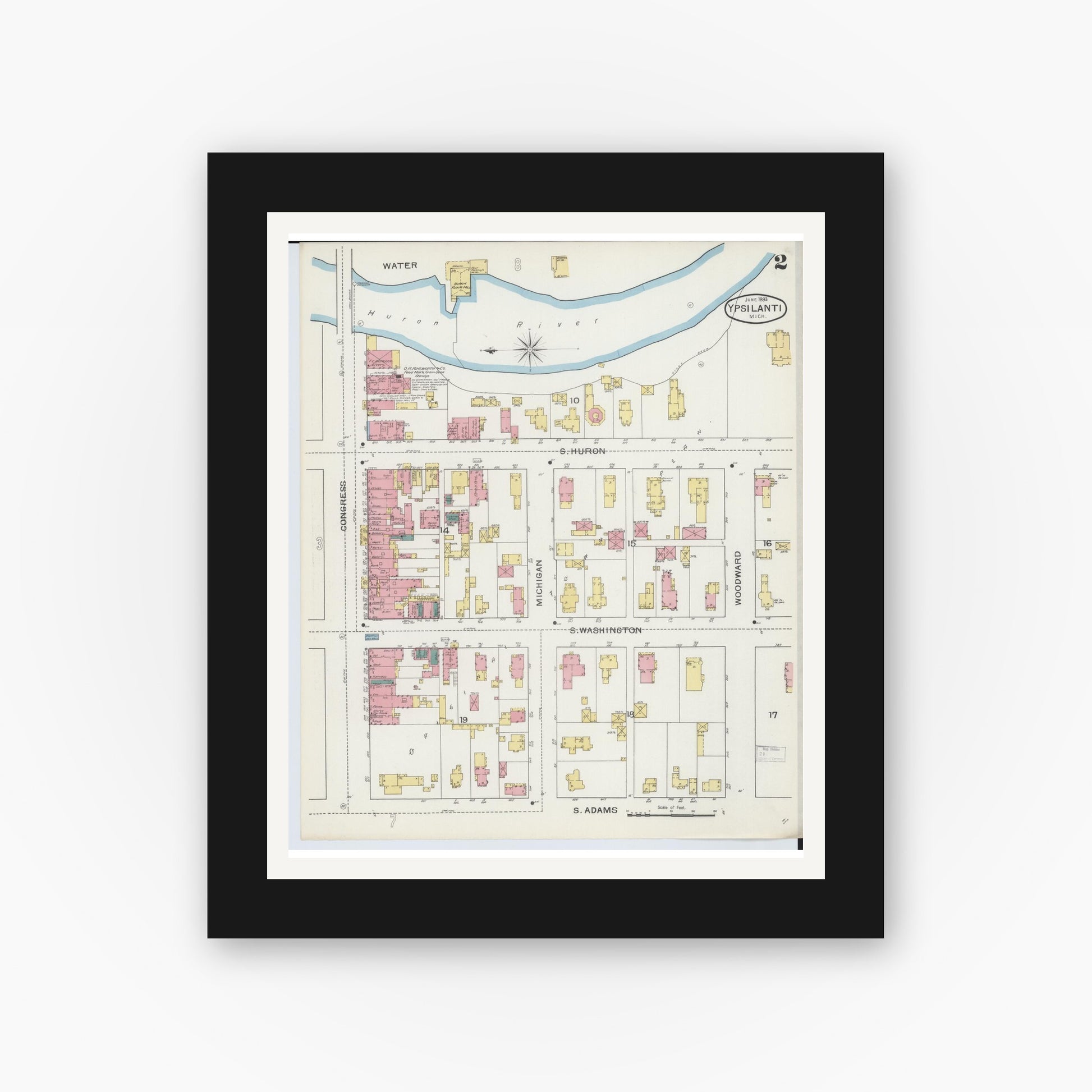 Old map wall art mockup — black gallery frame with white mat — Sanborn Fire Insurance Map from Ypsilanti, Washtenaw County, Michigan (1893), Sheet #0002