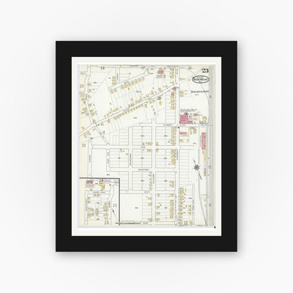 Old map wall art mockup — black gallery frame with white mat — Sanborn Fire Insurance Map from Rocky Mount, Edgecombe And Nash Counties, North Carolina (1917), Sheet #0023