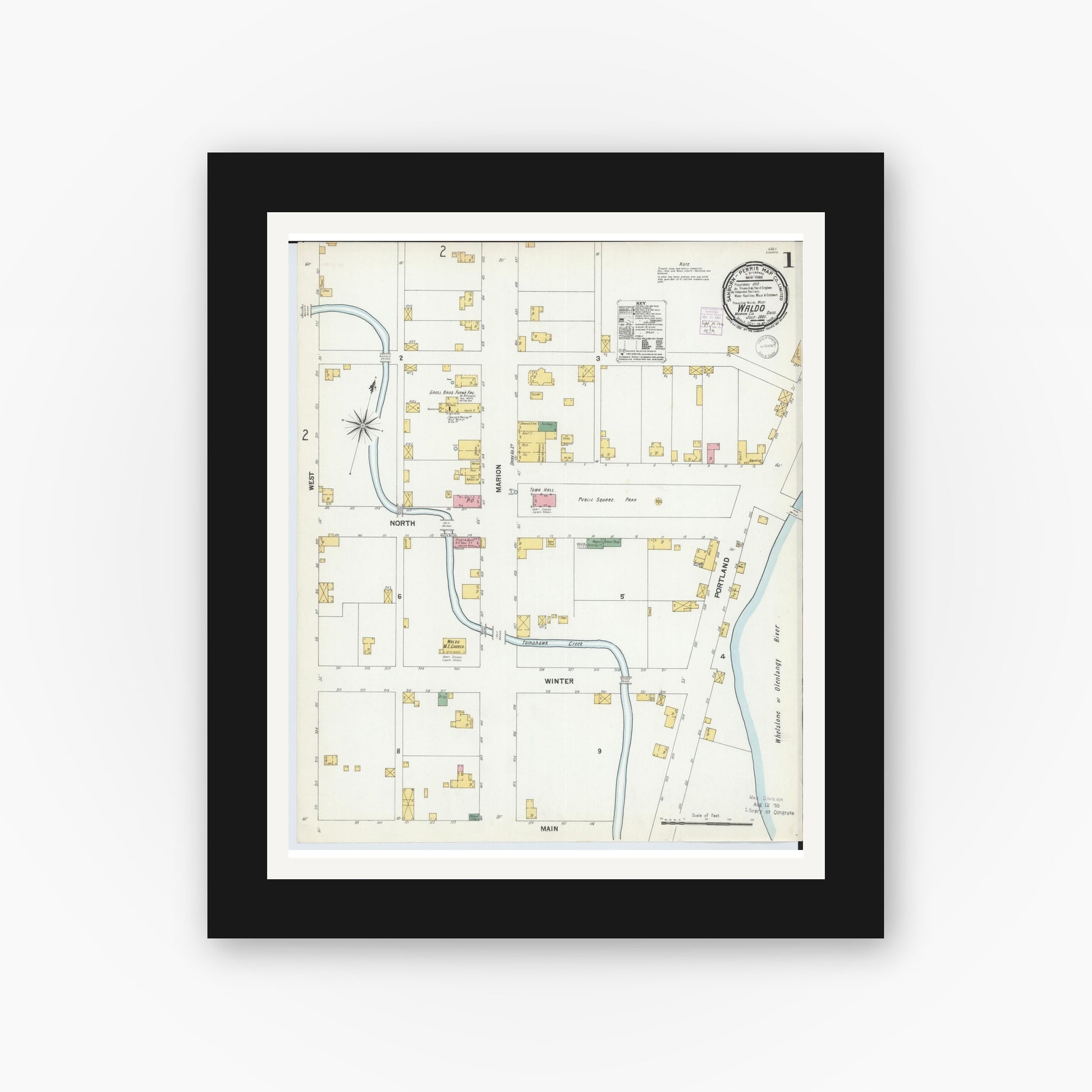 Old map wall art mockup — black gallery frame with white mat — Sanborn Fire Insurance Map from Waldo, Marion County, Ohio (1901) - Complete Map Set