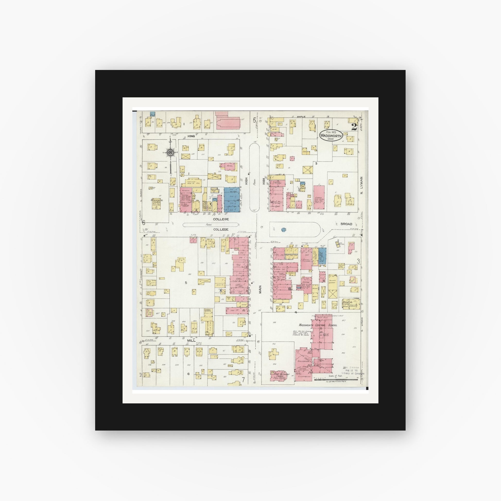 Old map wall art mockup — black gallery frame with white mat — Sanborn Fire Insurance Map from Wadsworth, Medina County, Ohio (1923), Sheet #0002
