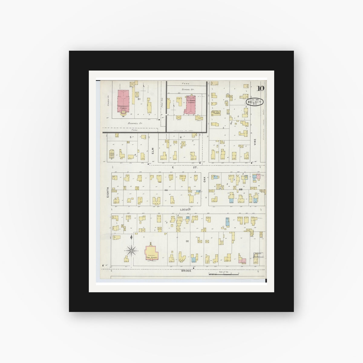 Old map wall art mockup — black gallery frame with white mat — Sanborn Fire Insurance Map from Beloit, Rock County, Wisconsin (1895), Sheet #0010