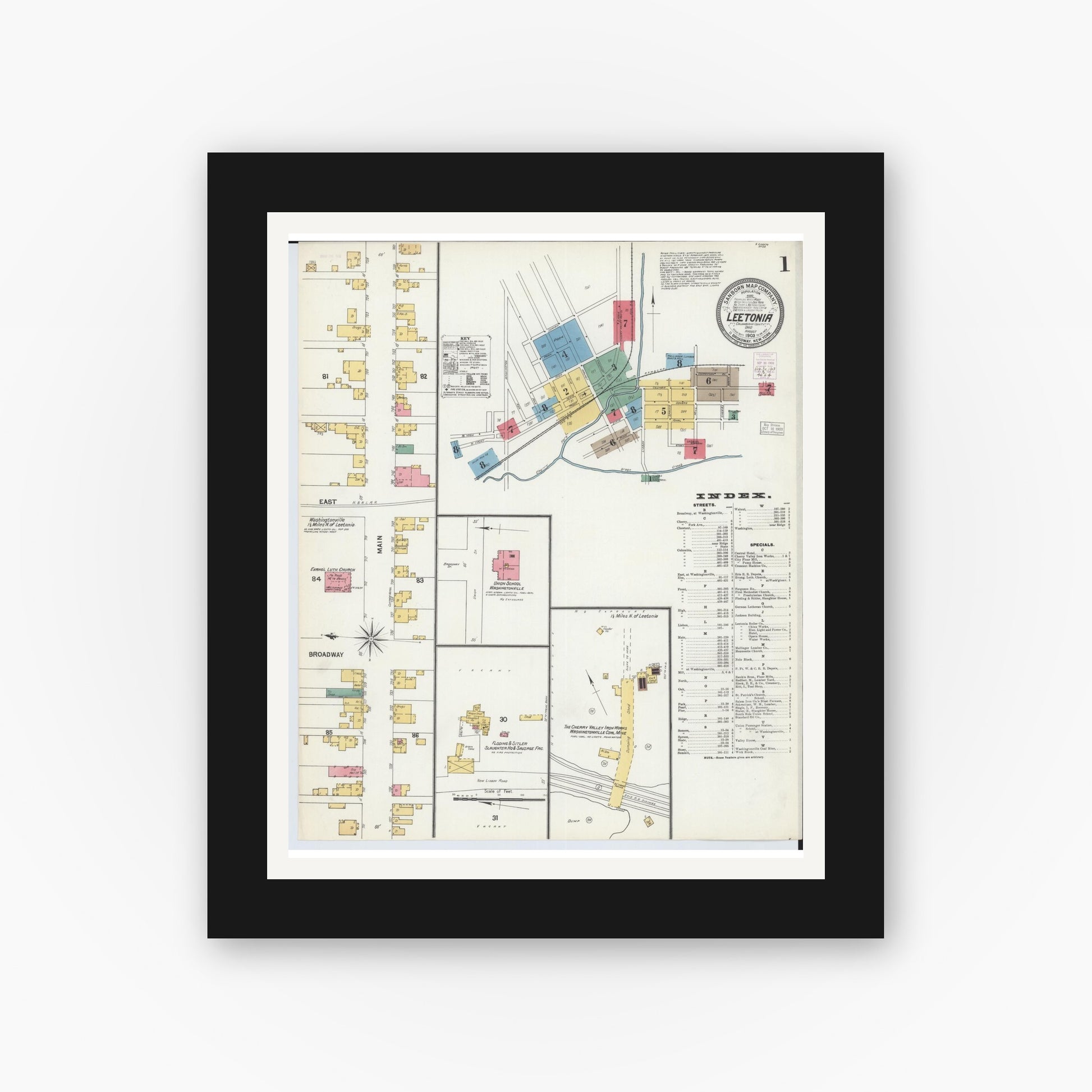 Old map wall art mockup — black gallery frame with white mat — Sanborn Fire Insurance Map from Leetonia, Columbiana County, Ohio (1903) - Complete Map Set