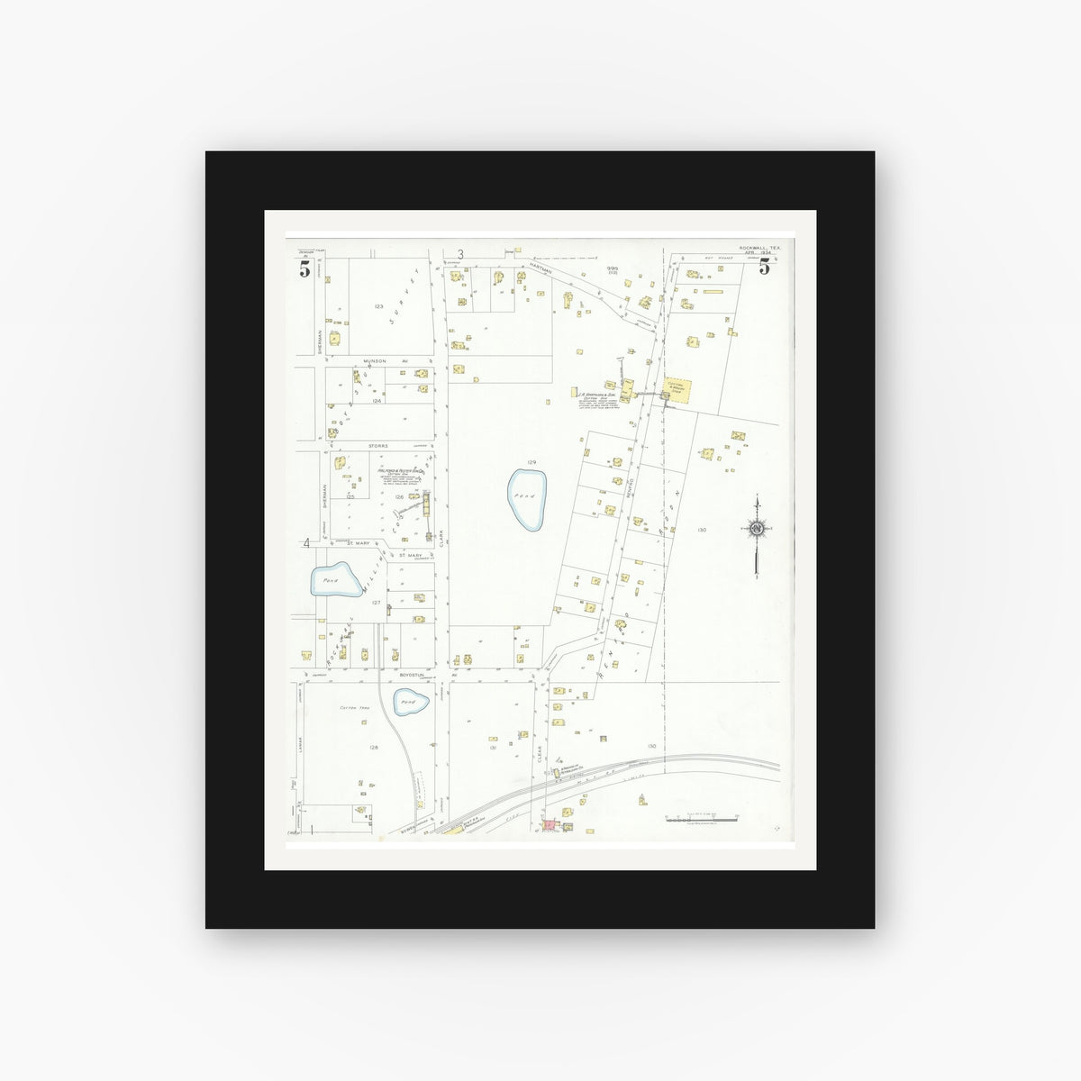 Old map wall art mockup — black gallery frame with white mat — Sanborn Fire Insurance Map from Rockwall, Rockwall County, Texas (1934), Sheet #0005