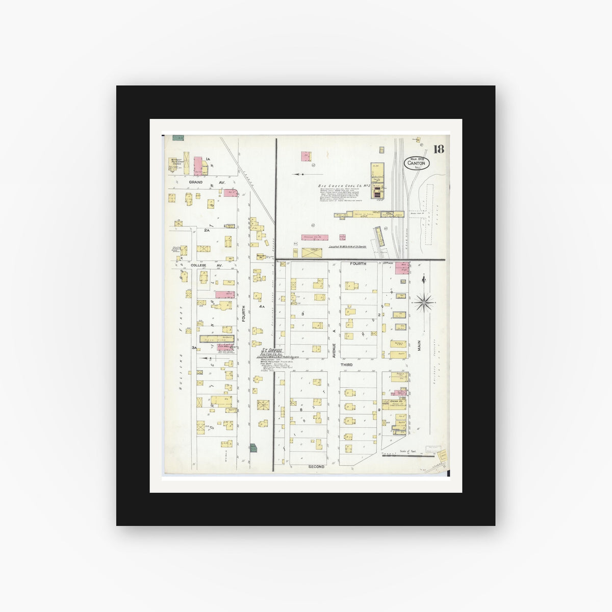 Old map wall art mockup — black gallery frame with white mat — Sanborn Fire Insurance Map from Canton, Fulton County, Illinois (1909), Sheet #0018