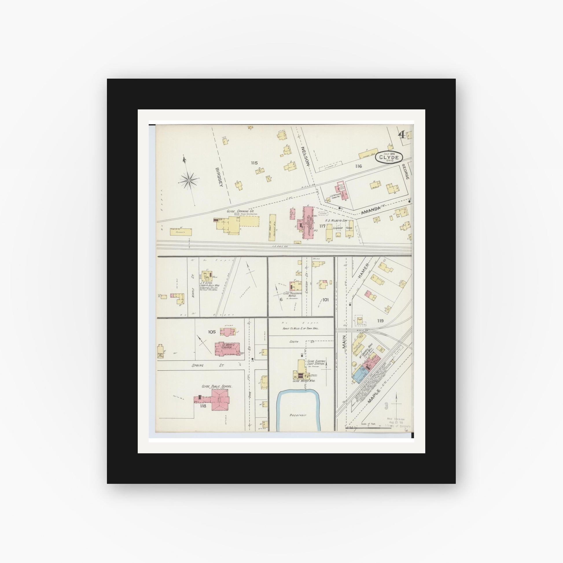 Old map wall art mockup — black gallery frame with white mat — Sanborn Fire Insurance Map from Clyde, Sandusky County, Ohio (1893), Sheet #0004