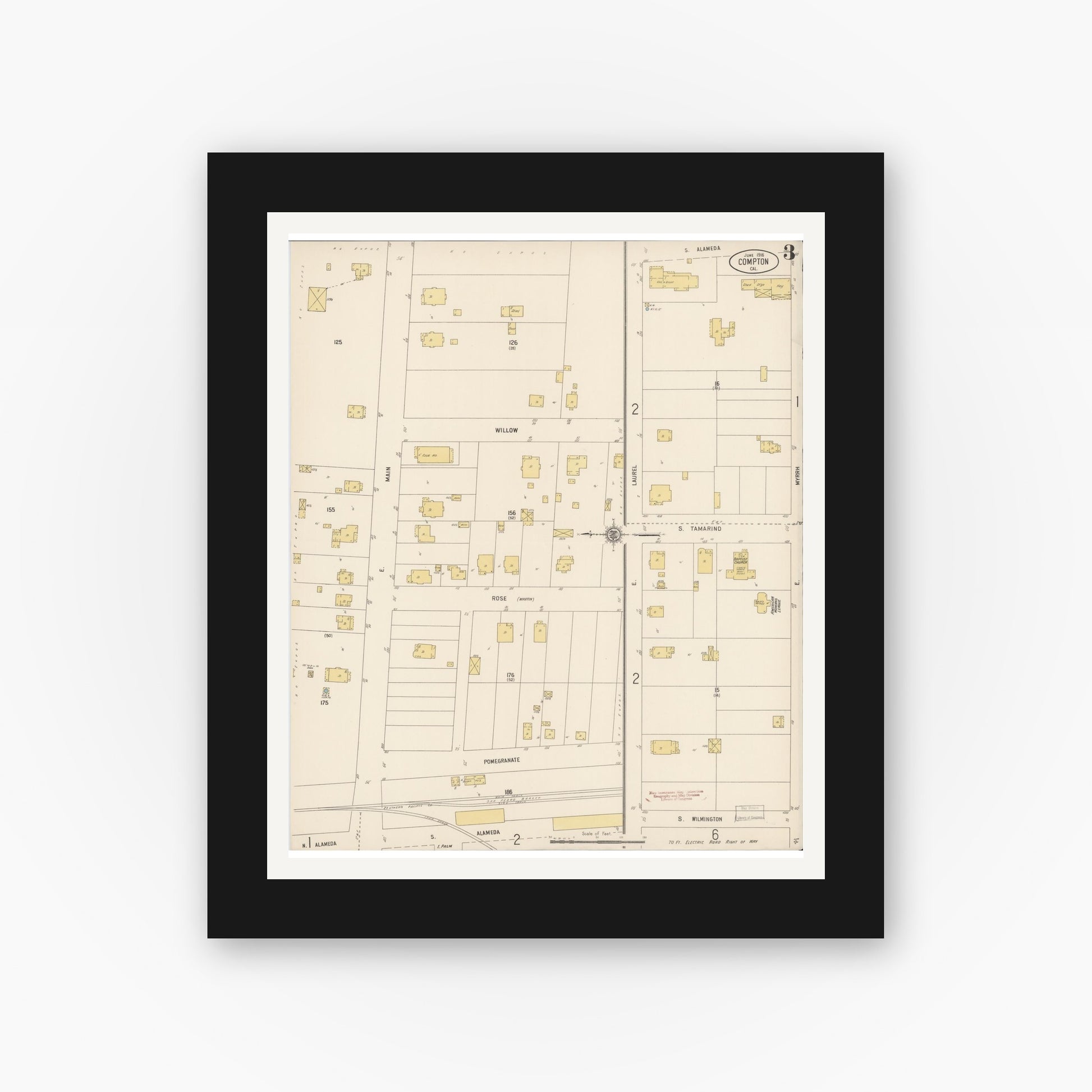 Old map wall art mockup — black gallery frame with white mat — Sanborn Fire Insurance Map from Compton, Los Angeles County, California (1916), Sheet #0003