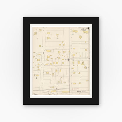 Old map wall art mockup — black gallery frame with white mat — Sanborn Fire Insurance Map from Compton, Los Angeles County, California (1916), Sheet #0003