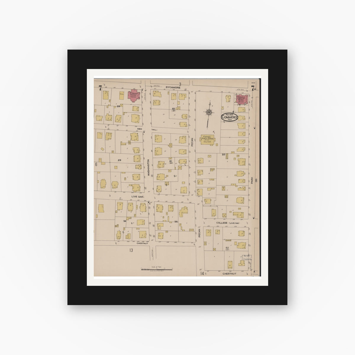 Old map wall art mockup — black gallery frame with white mat — Sanborn Fire Insurance Map from Commerce, Hunt County, Texas (1922), Sheet #0007