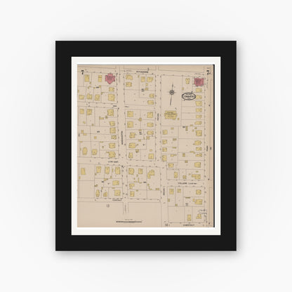 Old map wall art mockup — black gallery frame with white mat — Sanborn Fire Insurance Map from Commerce, Hunt County, Texas (1922), Sheet #0007