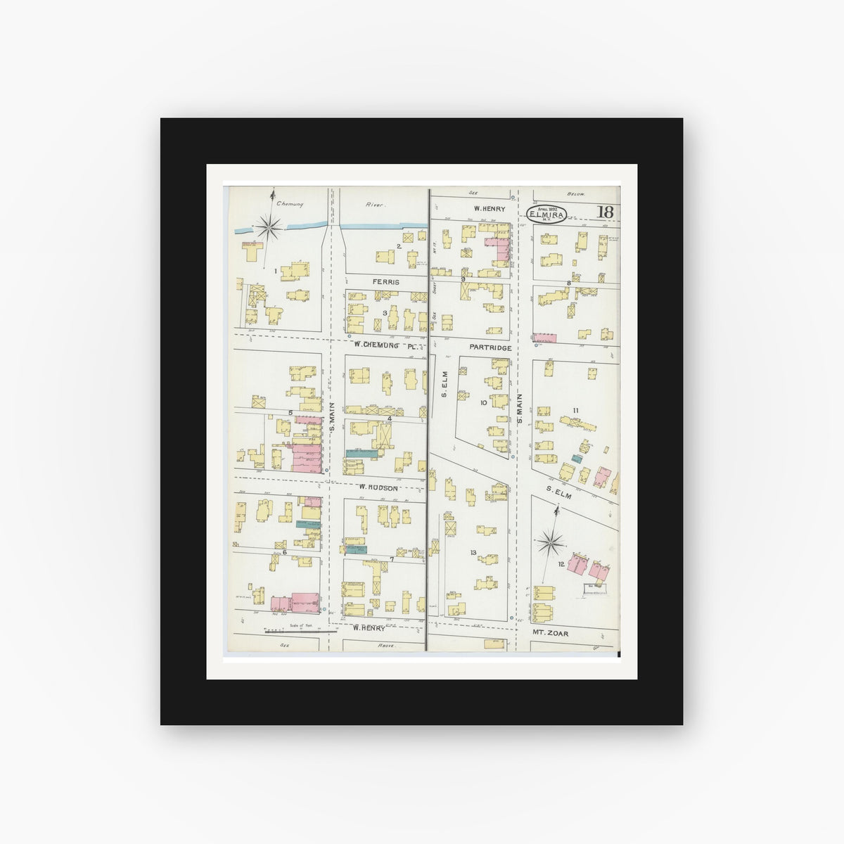 Old map wall art mockup — black gallery frame with white mat — Sanborn Fire Insurance Map from Elmira, Chemung County, New York (1892), Sheet #0018