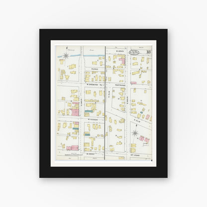 Old map wall art mockup — black gallery frame with white mat — Sanborn Fire Insurance Map from Elmira, Chemung County, New York (1892), Sheet #0018