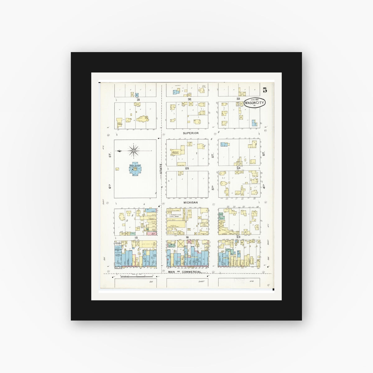 Old map wall art mockup — black gallery frame with white mat — Sanborn Fire Insurance Map from Mason City, Cerro Gordo County, Iowa (1892), Sheet #0005