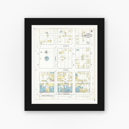 Old map wall art mockup — black gallery frame with white mat — Sanborn Fire Insurance Map from Mason City, Cerro Gordo County, Iowa (1892), Sheet #0005